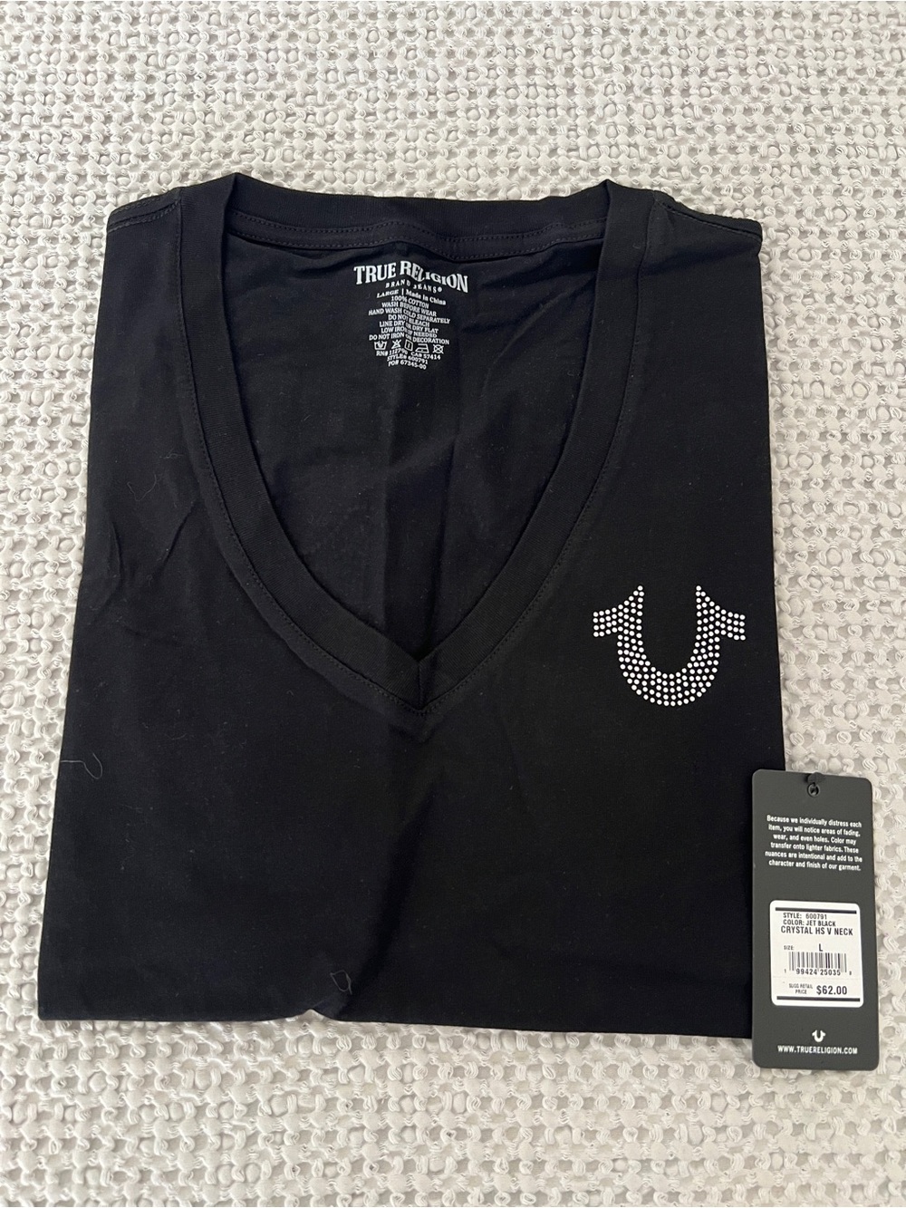 True Religion Black V-Neck Tee with Crystal Logo Accent